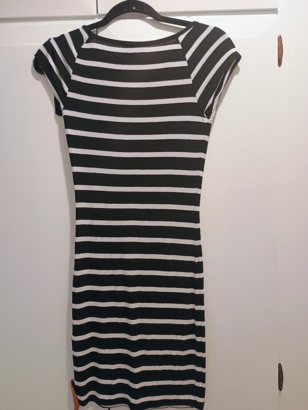 bebe Black and White Striped Cap Sleeve Midi Dress with Rhinestone Logo - Picture 2 of 3